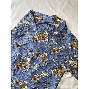 Vintage Pierre Cardin Hawaiian Shirt L Button Up Short Sleeve Blue Floral Cotton